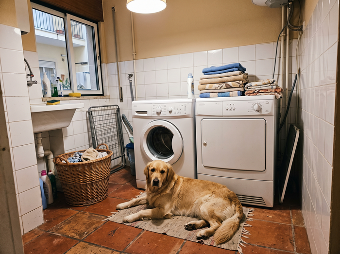 Toalhas limpas e o meu cão ao lado da máquina