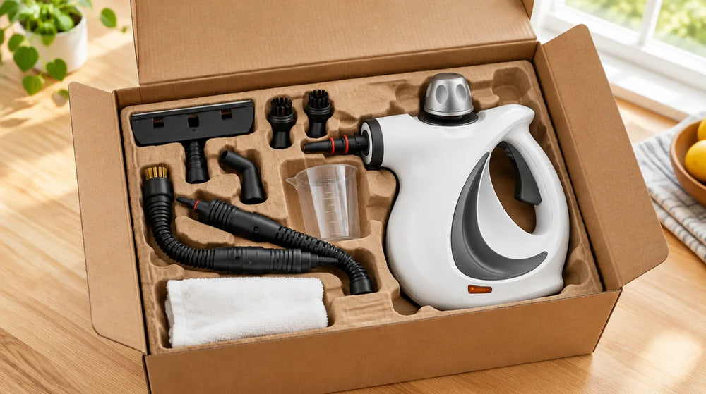 Caixa com a máquina VaporPro e os 12 acessórios
