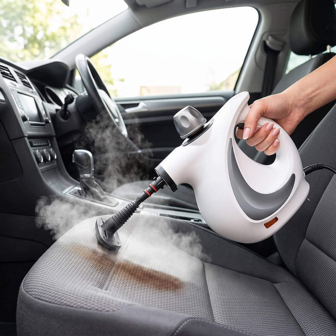 A limpar os estofos do carro com vapor