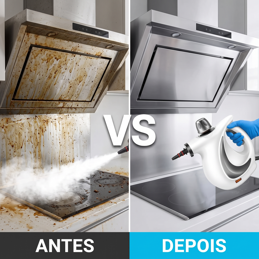 Antes e depois: exaustor e fogão limpos com vapor