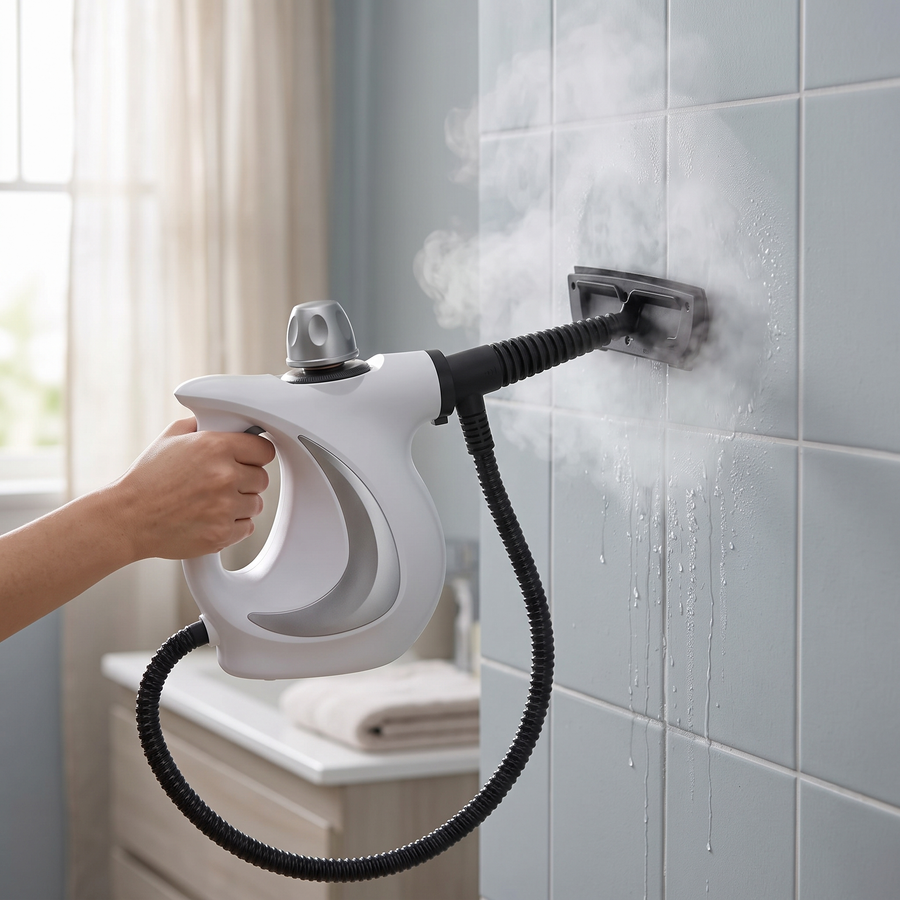A limpar uma parede de azulejos com o limpador a vapor