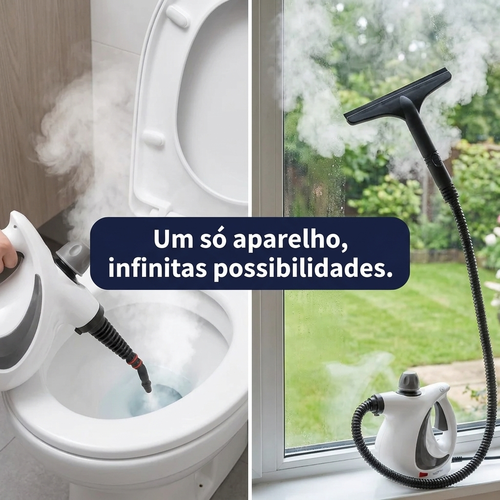VaporPro a limpar a sanita e o caixilho da janela — um só aparelho, infinitas possibilidades