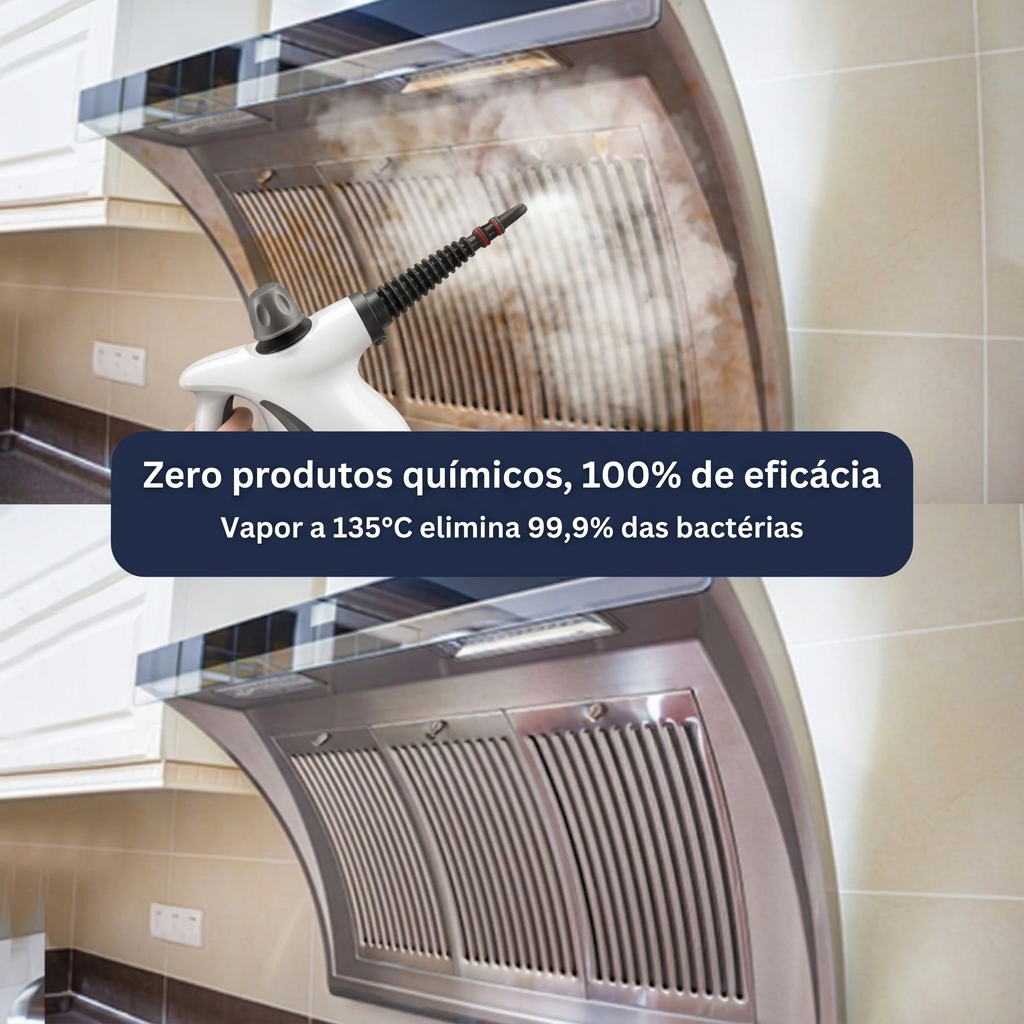 VaporPro a limpar a exaustora — zero produtos químicos, vapor a 135°C elimina 99,9% das bactérias