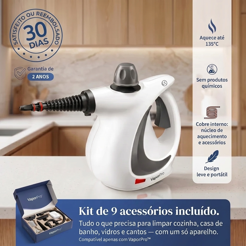 VaporPro — vapor a 135°C, sem produtos químicos, cobre interno, kit de 9 acessórios incluído