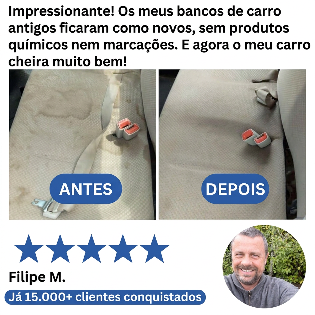Testemunho Filipe M. — antes e depois dos bancos do carro com VaporPro